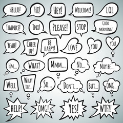 Collection, set of hand drawn doodle style speech bubbles, baloons with lettering. Talking, speaking, screaming, thinking, dreaming bubbles. Ink drawn shapes with uneven edges and various words.