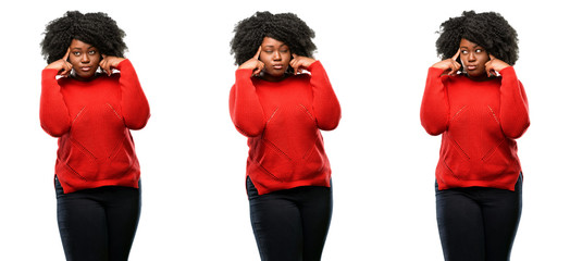 Young beautiful african plus size model doubt expression, confuse and wonder concept, uncertain future isolated over white background. Collection composition 3 figures collage