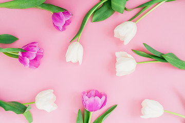 Pattern with tulips flowers on pink pastel background. Flat lay, top view. Spring background.