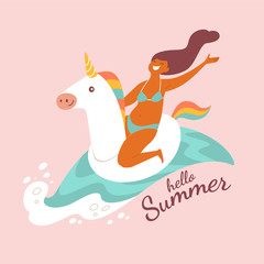 Hello summer. Vector illustration of young smiling woman in bikini riding an unicorn swim ring. Trendy flat style. Isolated on light pink background.