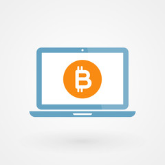 Bitcoin and laptop. Crypto currency concept. Digital currency. Vector illustration, flat design