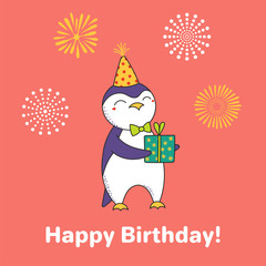 Hand drawn Happy Birthday greeting card with cute funny cartoon penguin with a present, text. Isolated objects on background with fireworks. Vector illustration. Design concept for party, celebration.