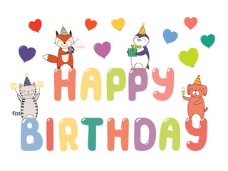 Hand drawn Happy Birthday greeting card, banner template with cute funny cartoon animals standing on letters, text. Isolated objects on white background. Vector illustration. Design concept for party.