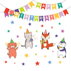 Obraz na płótnie Canvas Hand drawn Happy Birthday greeting card, banner template with cute funny cartoon animals celebrating, typography. Isolated objects on white background. Vector illustration. Design concept for party.