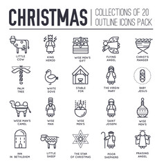 Merry Christmas thin line icons flat set background. Outline birth of Christ illustration background concept.