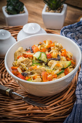 Fried chicken pieces with vegetables.