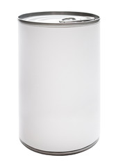 New tin can with white label. Isolated on white background.