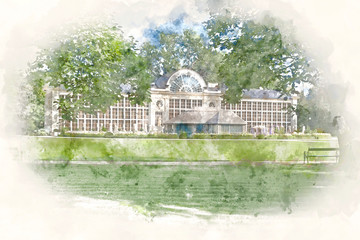 Old Orangery in Royal Lazienki Park, Warsaw, digital watercolor illustration - obrazy, fototapety, plakaty
