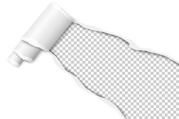 Diagonally snatched middle of white paper with torn edges, shadows, paper curl and transparent background of resulting hole. Vector template paper design.