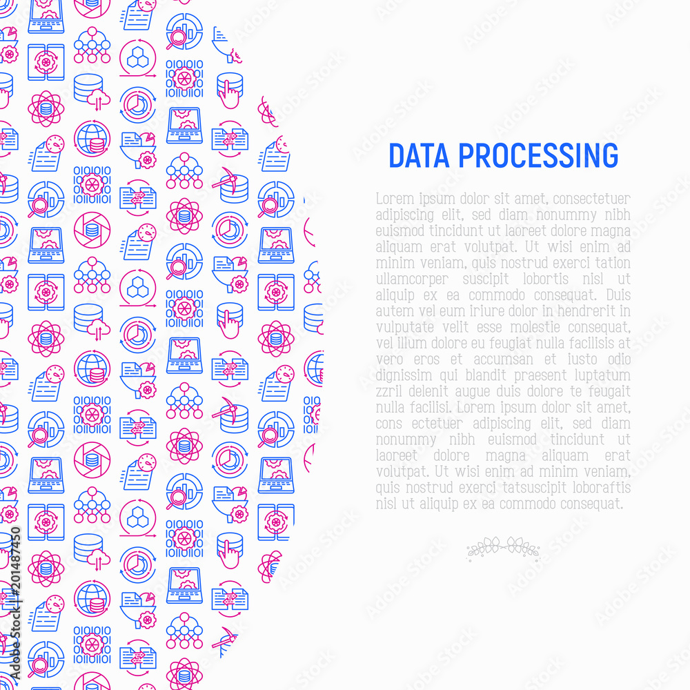 Poster data processing concept with thin line icons: data science, filtering, deep learning, mobile syncing