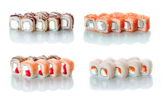 the sets of rolls of sushi collage a lot different on a white background in different colors for the menu or website