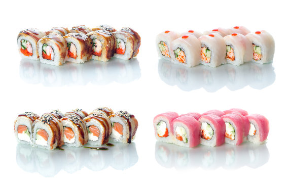 the sets of rolls of sushi collage a lot different on a white background in different colors for the menu or website