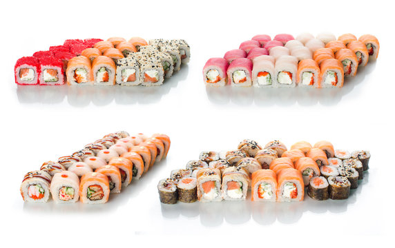 the sets of rolls of sushi collage a lot different on a white background in different colors for the menu or website