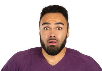 Young black nervous man in fear isolated on white background