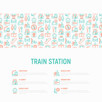 Train station concept with thin line icons: information, ticket office, toilet, taxi, metro, waiting room, luggage storage, turnstile, food court, no smoking, bicycles rent. Modern vector illustration