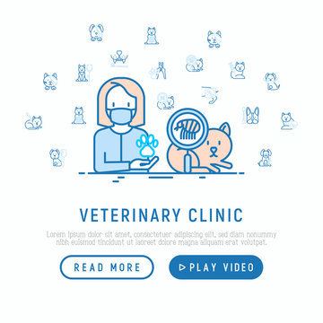 Veterinary clinic concept: treatment from tick and flea for cat. Thin line icons: injection, cardiology, cleaning of ears, teeth, shearing claws, broken leg. Vector illustration, web page template.