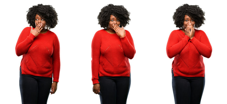 Young beautiful african plus size model covers mouth in shock, looks shy, expressing silence and mistake concepts, scared isolated over white background. Collection composition 3 figures collage