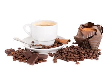 coffee cup with beans and muffin