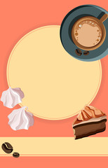 Background with cup of coffee and cake.