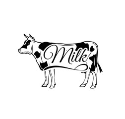 Cow with milk lettering label.  illustration isolated on white