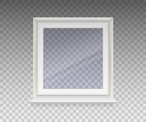 Closed window with transparent glass in a white frame. Isolated on a transparent background. Vector