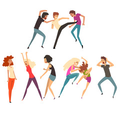 Angry people fighting and quarreling. Loud public scandal. Uncontrollable and aggressive people. Violent behavior. Flat vector design