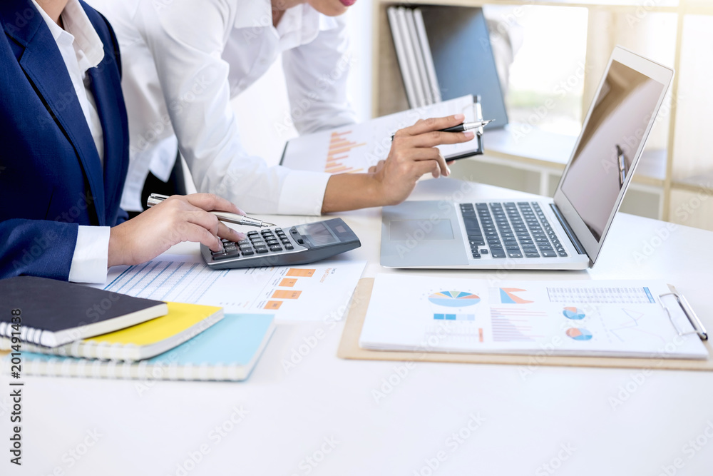 Poster teamwork of business colleagues consultation market growth on financial document graph report, profe