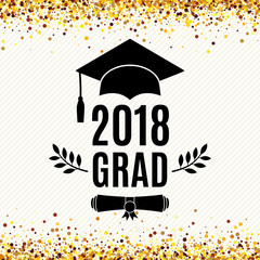 Graduate 2018 class of greeting card with hat, scroll and laurel for invitation, banner, poster, postcard. Vector illustration. All isolated and layered