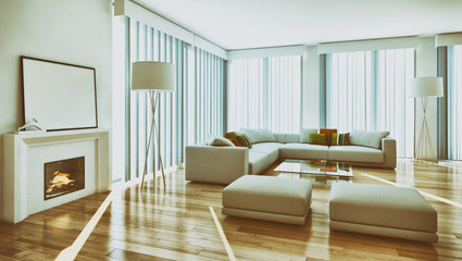 Modern bright interiors room 3D rendering illustration