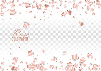 Rose gold festive paper confetti scatter on transparent background. Vector illustration. All isolated and layered