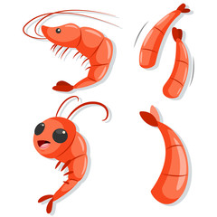 Shrimp set of icons, logo, mascot. Vector cartoon prawn character isolated on white background.