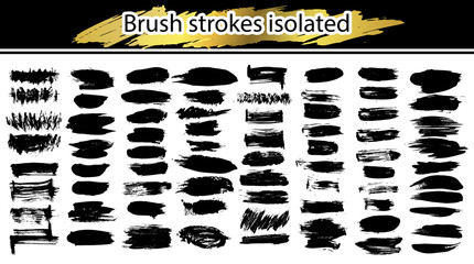 Large set different grunge brush strokes. Dirty artistic design elements isolated on white background. Black ink vector brush strokes. Black isolated paintbrush collection. Brush strokes isolated.