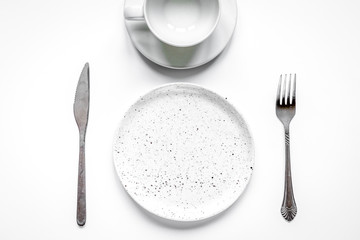 ceramic tableware top view on white background mock up