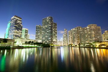Fototapeta na wymiar Skyline of downtown and Brickell Key at night, Miami, Florida, USA