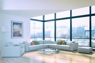 Modern bright interiors room 3D rendering illustration