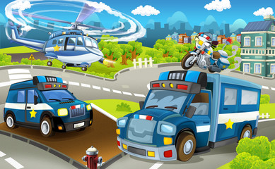 Cartoon stage with different machines for police duty - colorful and cheerful scene - illustration for children