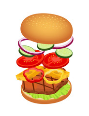 Vector 3d hamburger with ingredients, fast food concept