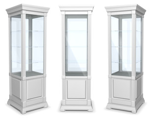 White cabinet showcase. Set of 3d illustrations isolated on white.