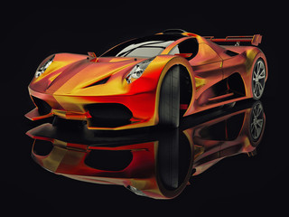Racing concept car. Image of a car on a black glossy background. 3d rendering.