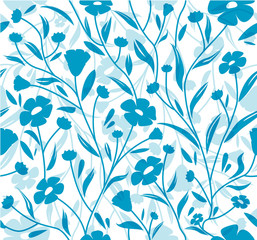 Fototapeta premium Flax flower with leaves seamless blue pattern