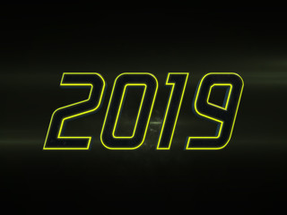 2019 new year modern futuristic yellow text glowing on dark background 3D render