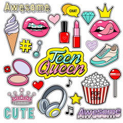 Trendy sticker pack heart, crown, lips, diamond. Cute fashion stikers kit. Doodle pop art sketch badges and pins. Vector hand drawn patches set isolated