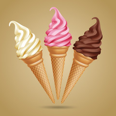 Set of realistic ice cream cones on beige background. Vector Illustration