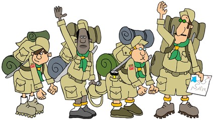 Illustration of a Boy Scout leader and his troop on a camping trek with their backpacks.