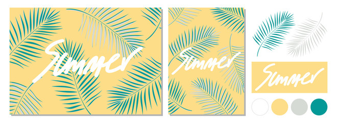 Fototapeta na wymiar Poster design for Summer with calligraphy and coconut leaves.