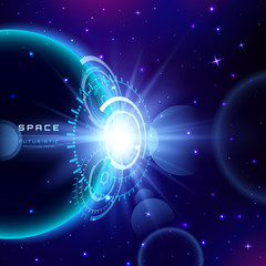 Planet earth with sunrise in space. Futuristic Vector space background