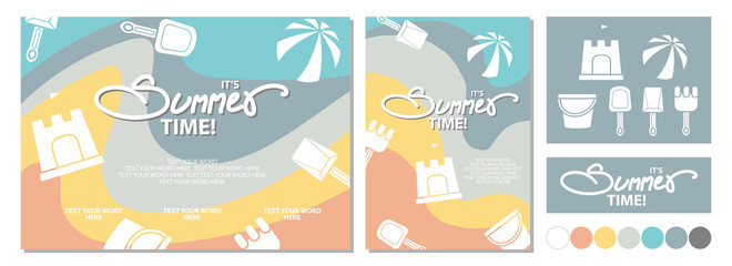 Poster design for Summer with calligraphy and space for text and beach toys on colorful background.