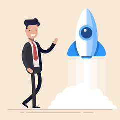 Rocket launch, ship. Concept start of business product on a market. Flat vector illustration in cartoon style.