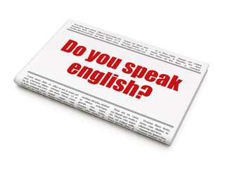 Studying concept: newspaper headline Do you speak English? on White background, 3D rendering