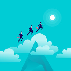 Obraz na płótnie Canvas Vector flat illustration with office people jumping above mountain peak on blue sky with isolated clouds. Motivation, moving upwards, aspirations, new aims and perspectives, achievements - metaphor.